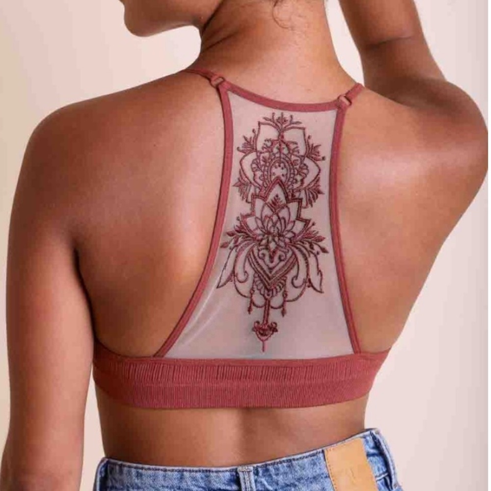 Tattoo Mesh Racerback Bralette in  Rust